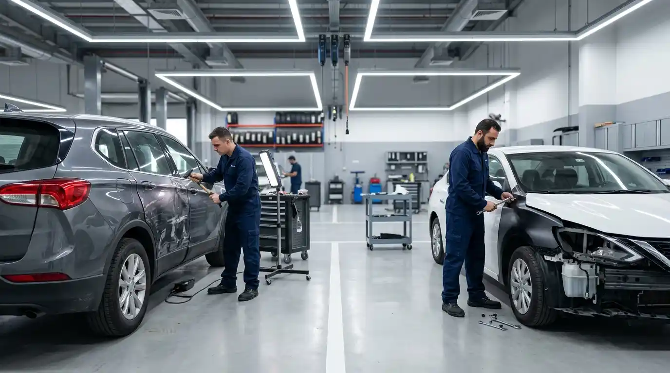 Technician comparing repair and replacement options for a damaged car panel in a Dubai body shop