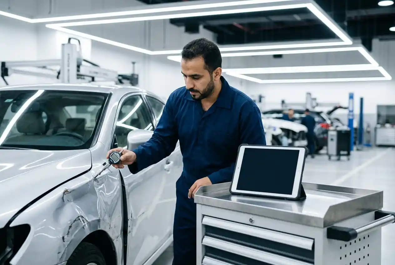 Damaged vehicle panel inspected through record expose identify and approve repairability stages