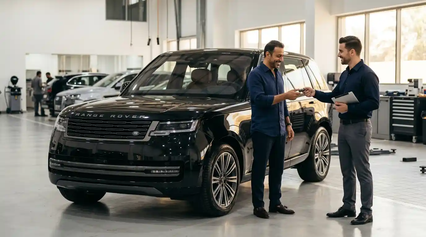Range Rover prepared for a final body repair assessment in a Dubai workshop