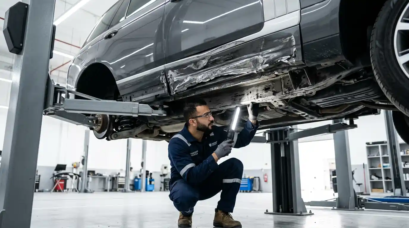 Rocker panel and door sill damage inspected before lower-body repair in a Dubai workshop