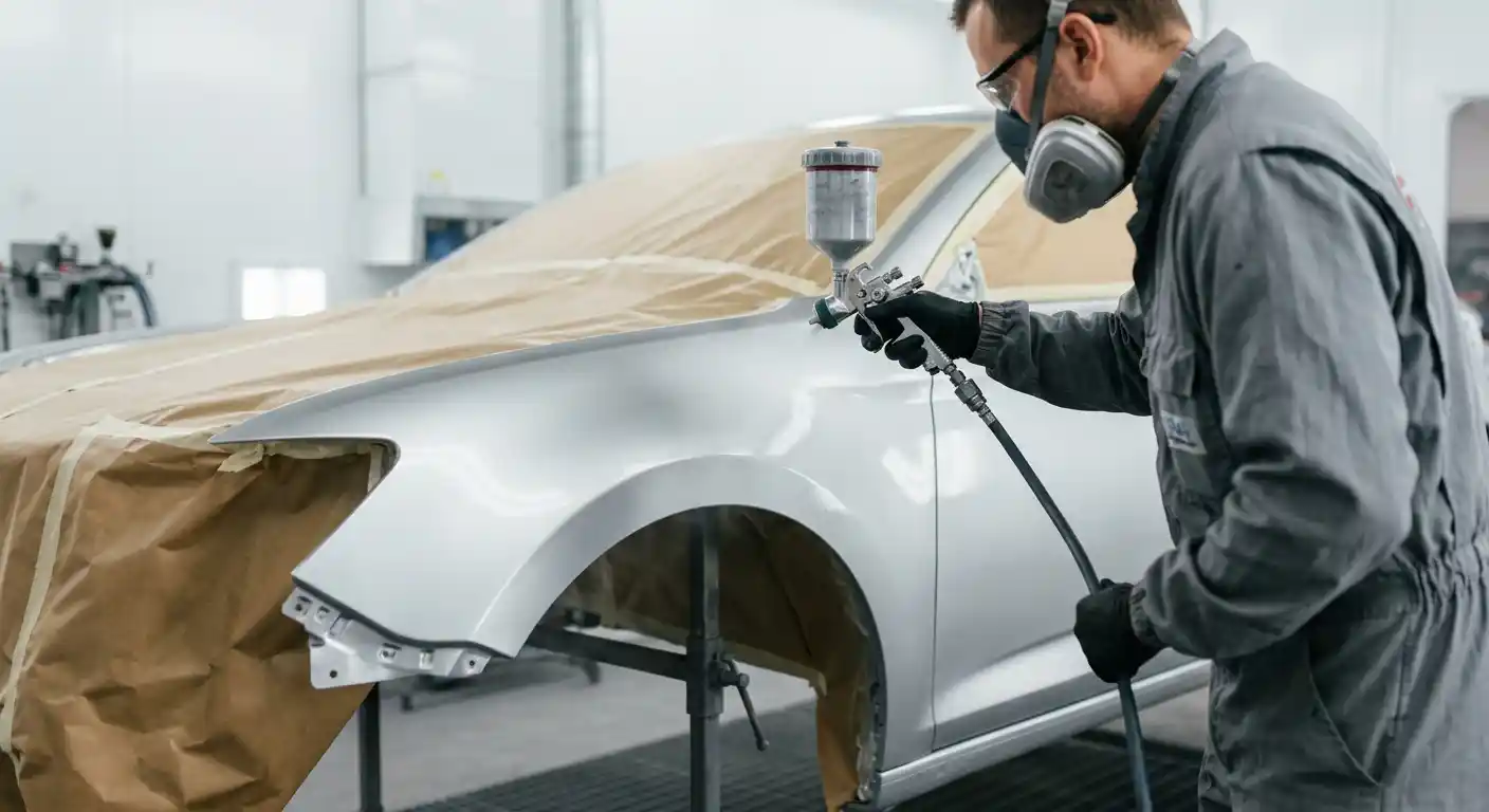 Automotive technician carrying out controlled paintwork preparation