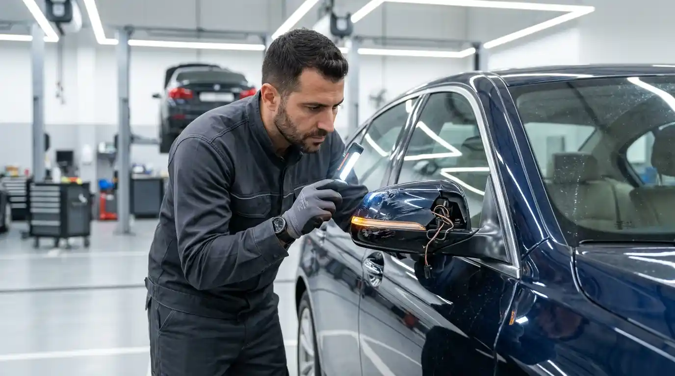 Technician inspecting a damaged side mirror housing, painted cap and indicator in a Dubai body shop
