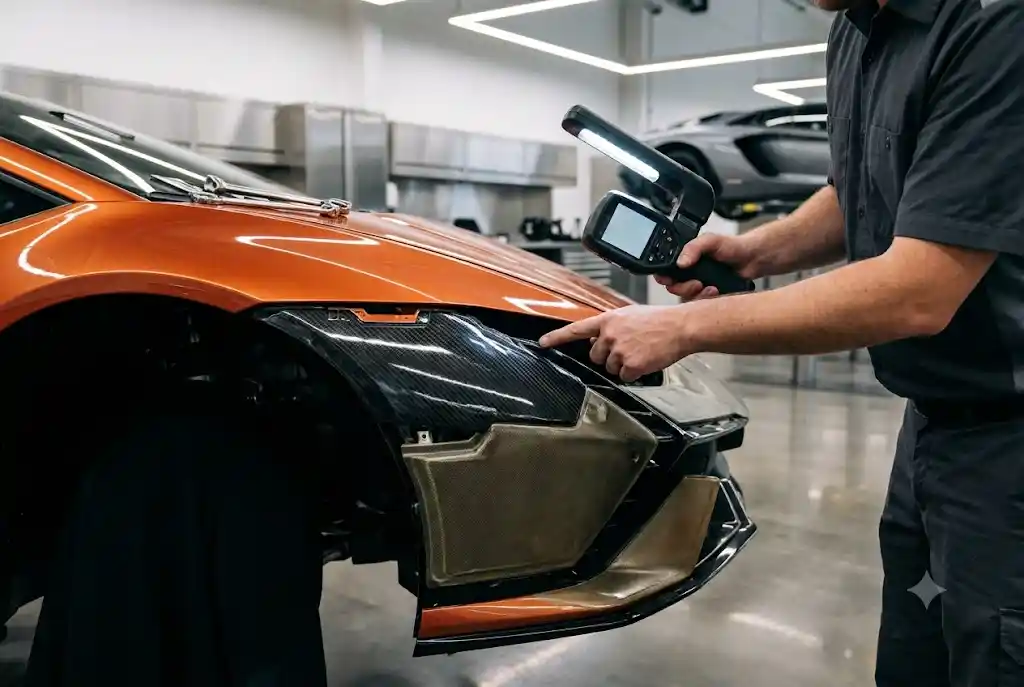 Technician identifying the surface construction and material of a Lamborghini exterior component before selecting a repair method