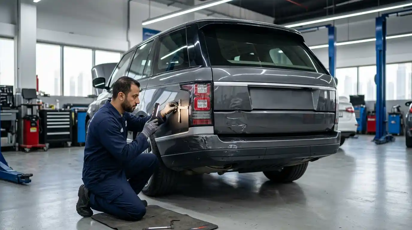 SUV tailgate undergoing dent, gap and closure inspection in a professional Dubai body shop