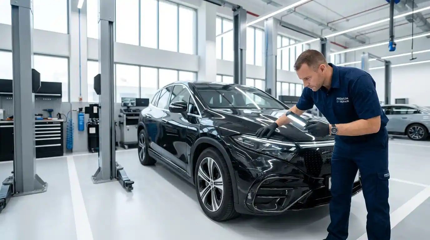 Tesla Model X undergoing body damage and falcon-wing door assessment in a Dubai workshop