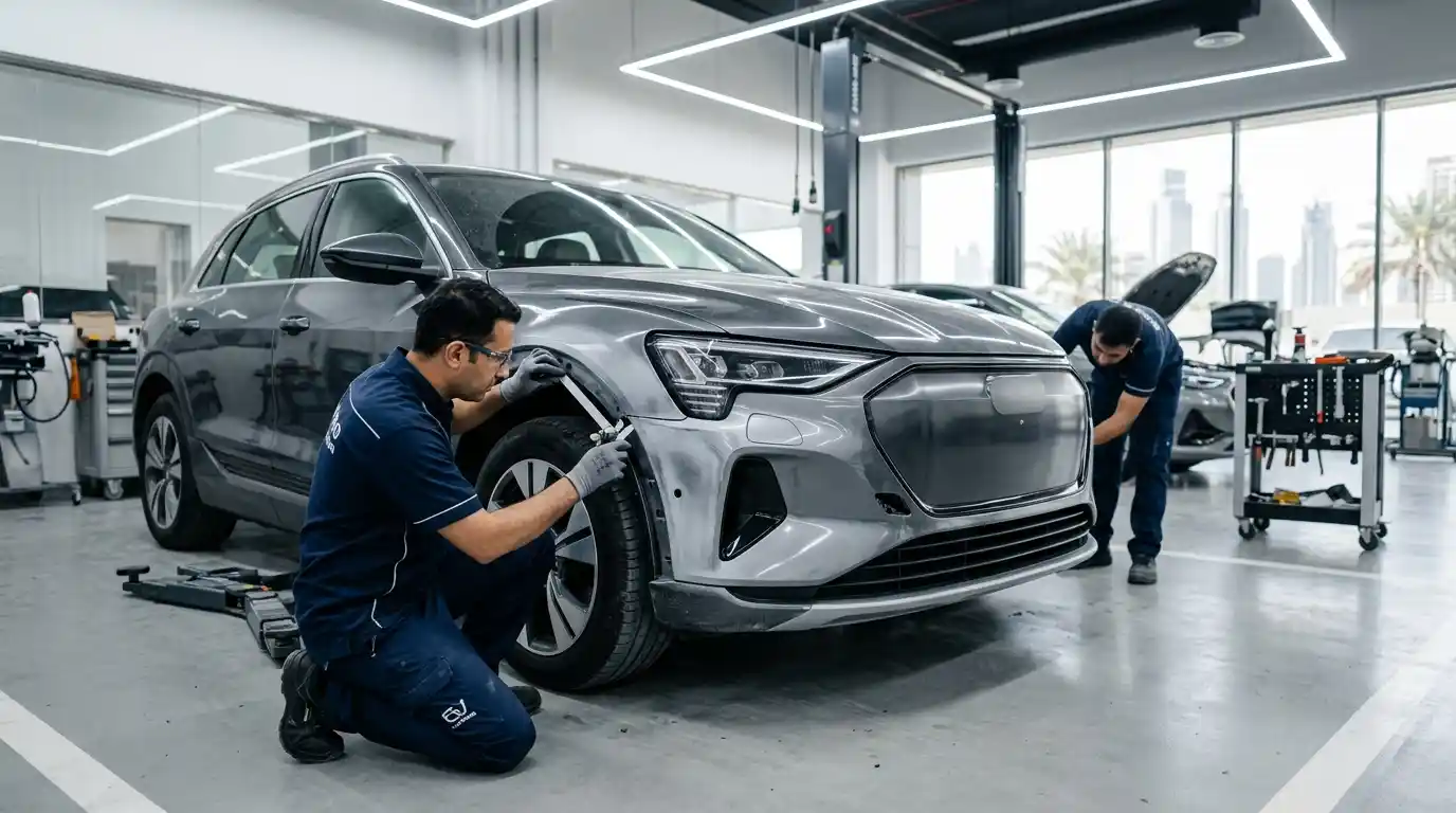 Tesla Model Y undergoing body repair assessment in a professional Dubai workshop