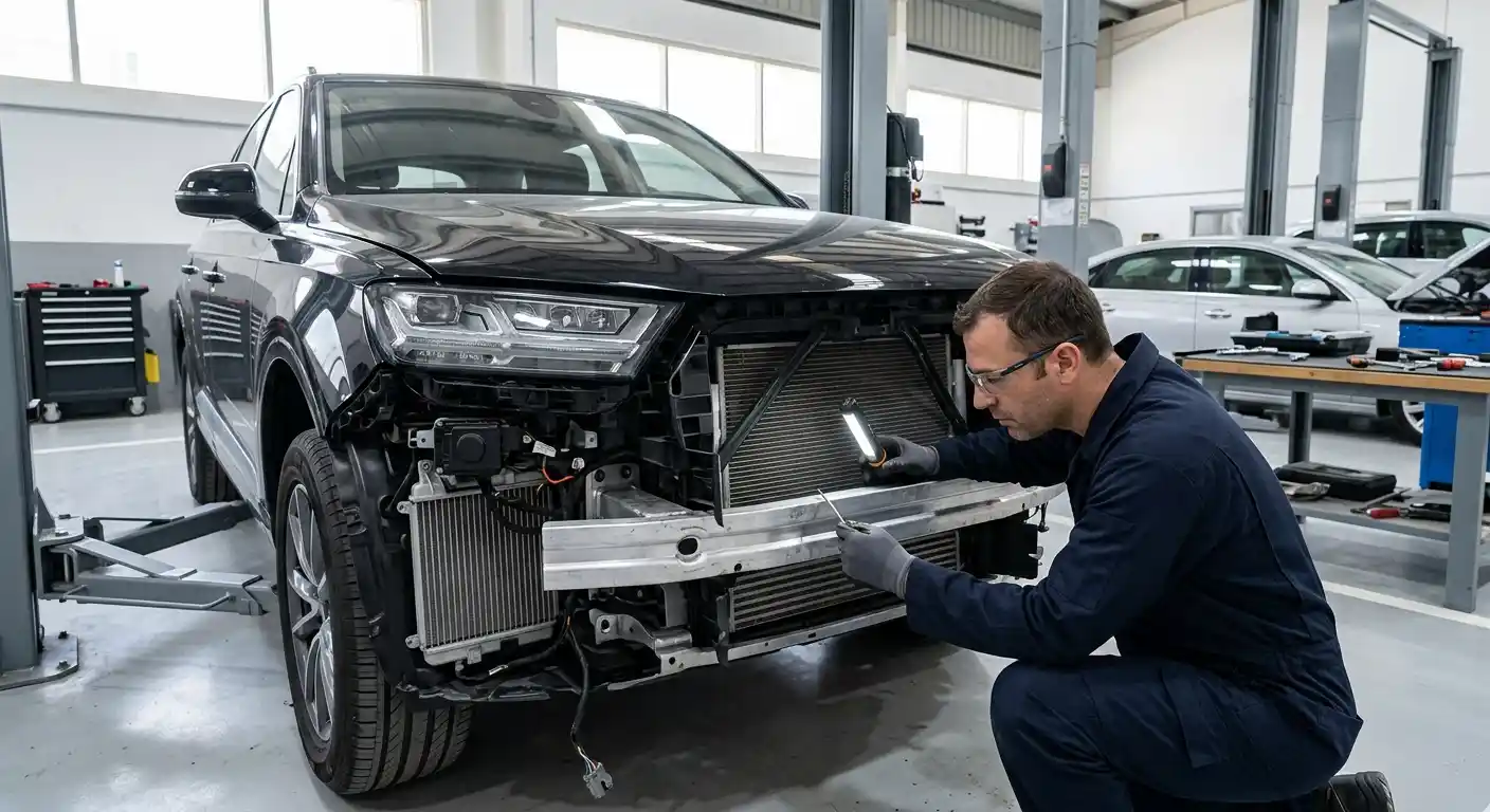 Technician comparing repair and replacement options for damaged front-end body components in a Dubai workshop