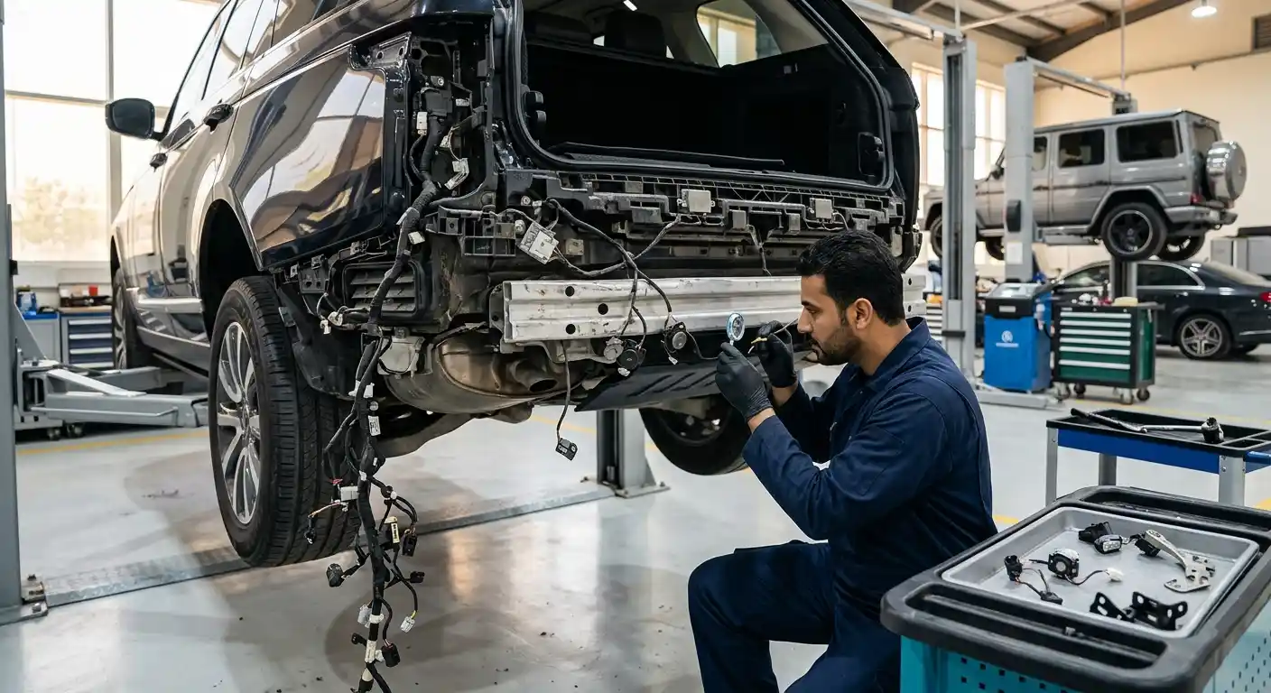 Technician comparing rear bumper, lamp, retainer and metal panel damage before choosing repair or replacement