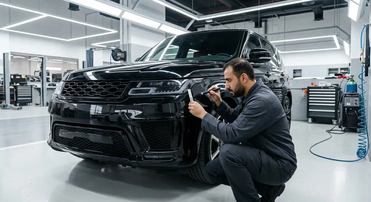 Technician completing a final front-end inspection across bumper, grille, lamps and panel gaps after collision repair