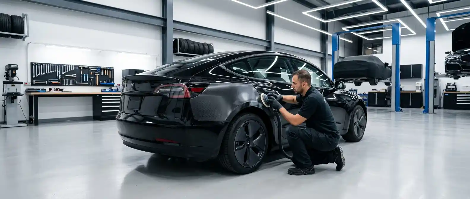 Technician documenting Polestar panel gaps and body measurements before EV collision repair
