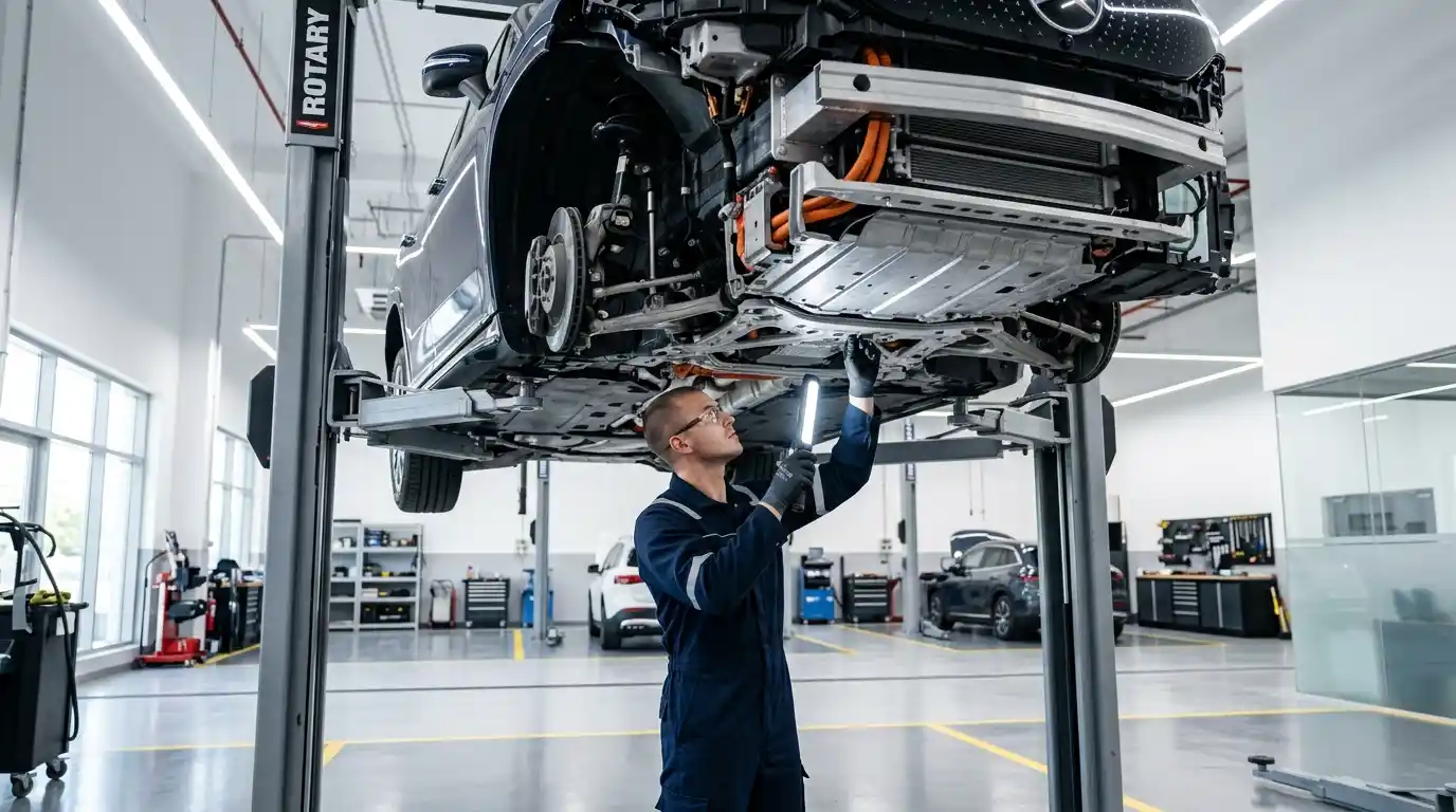 Tesla Model X underbody impact inspected before high-voltage body repair continues