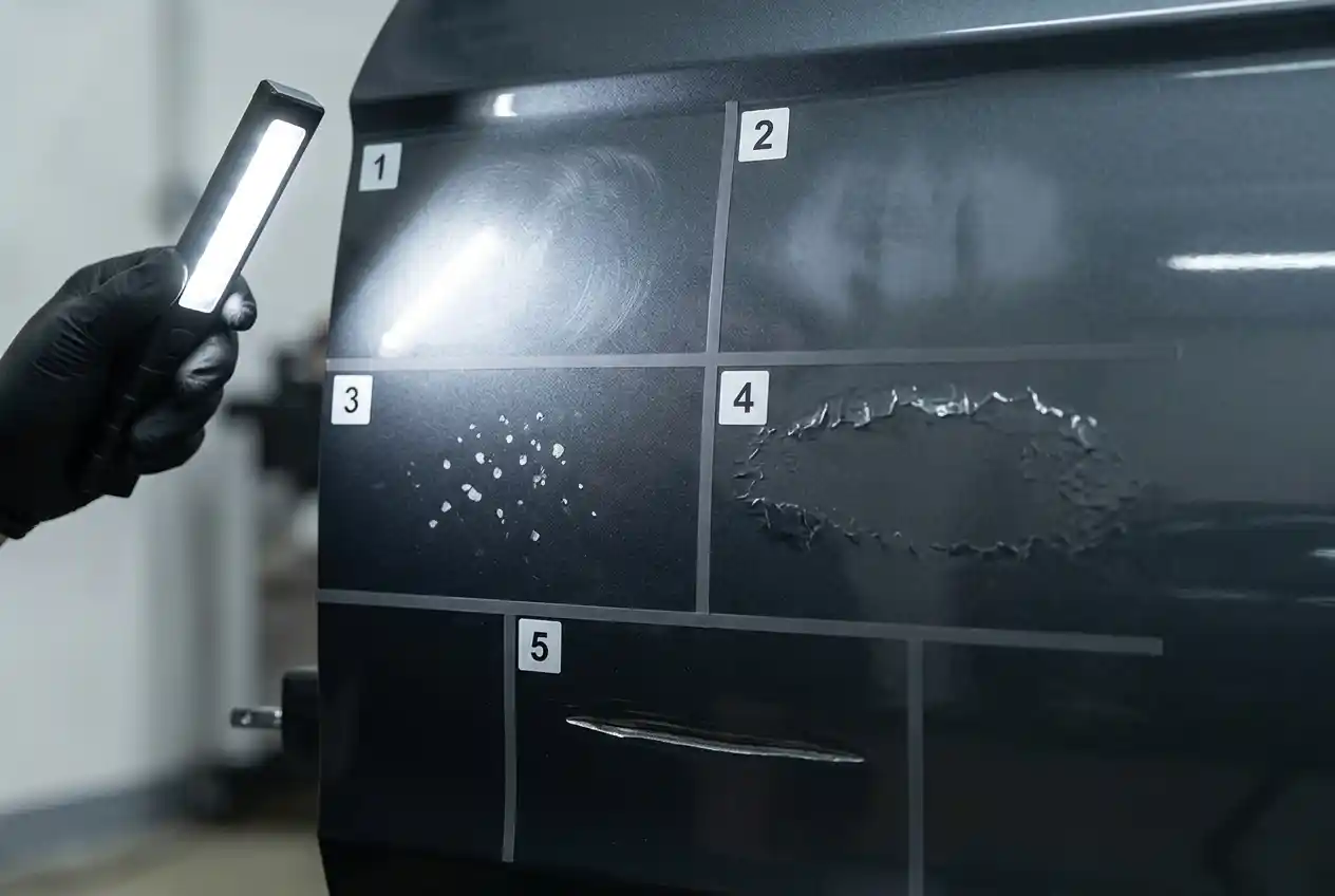 Paint specialist inspecting swirl marks, deep scratches, oxidation and clear-coat failure under linear lighting