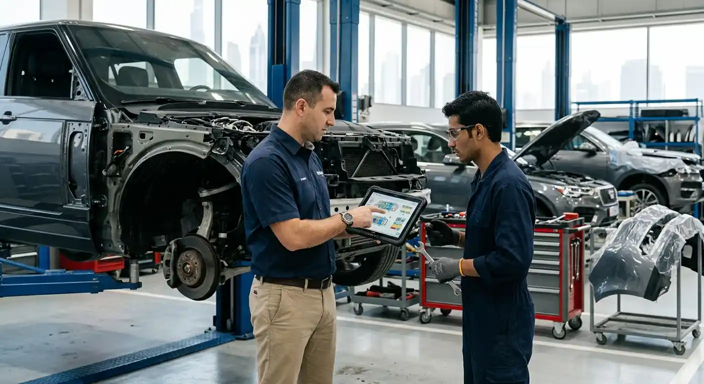 Bentley body repair estimate review covering damage depth, parts, paintwork and turnaround in Dubai