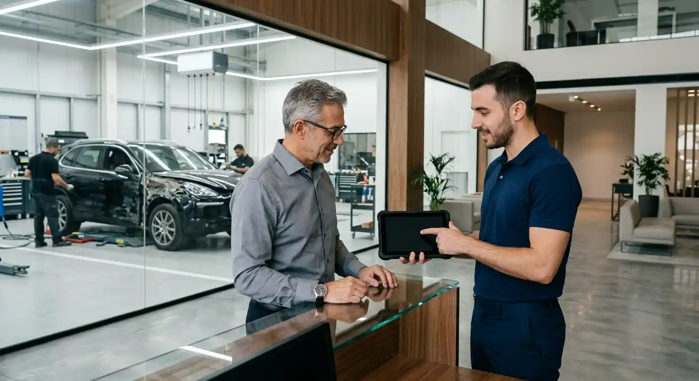 Customer and repair advisor comparing insurer-authorised work with separately requested customer-paid body and paint items