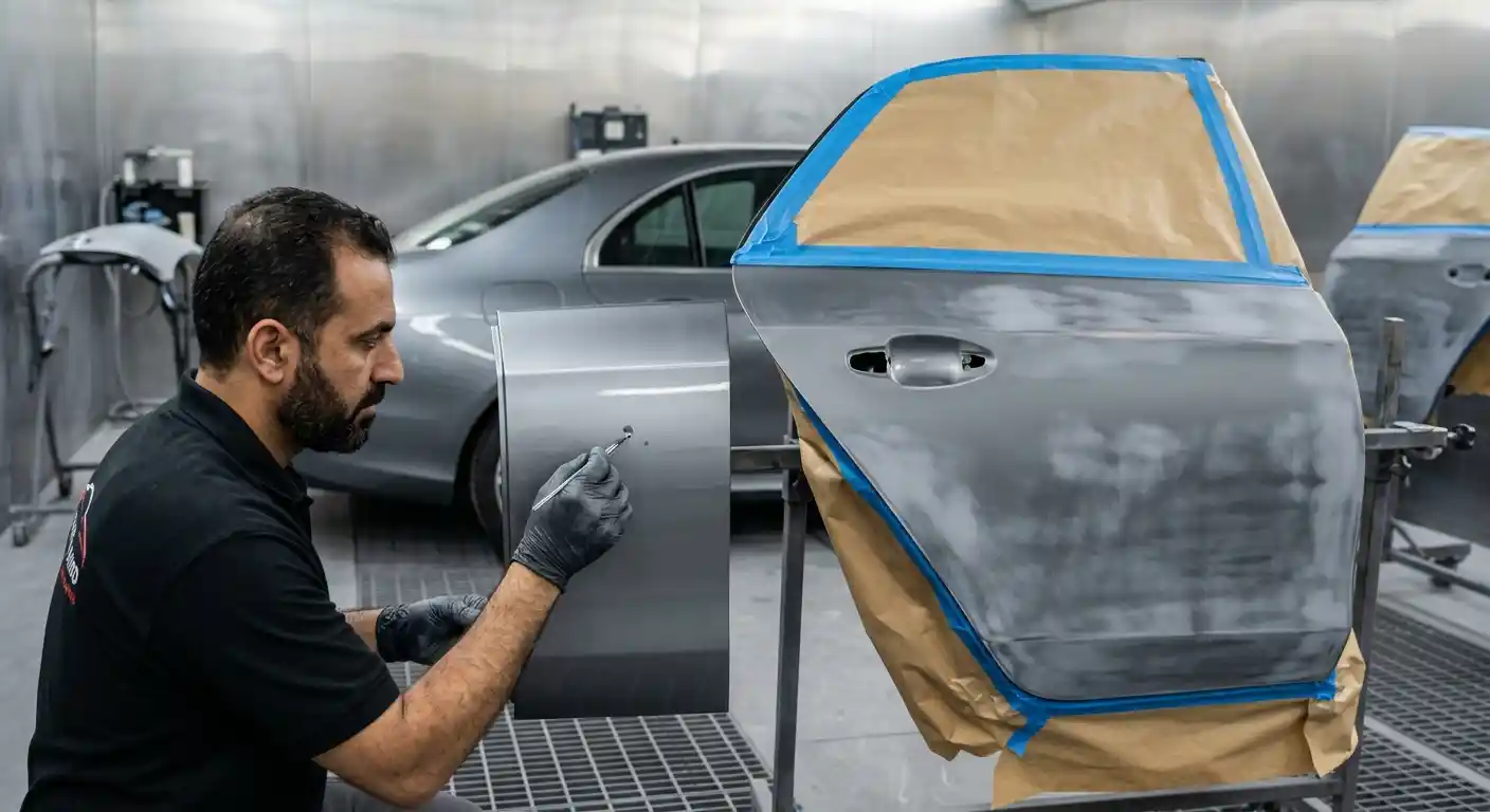 Vehicle panel receiving refinishing work in a paint booth