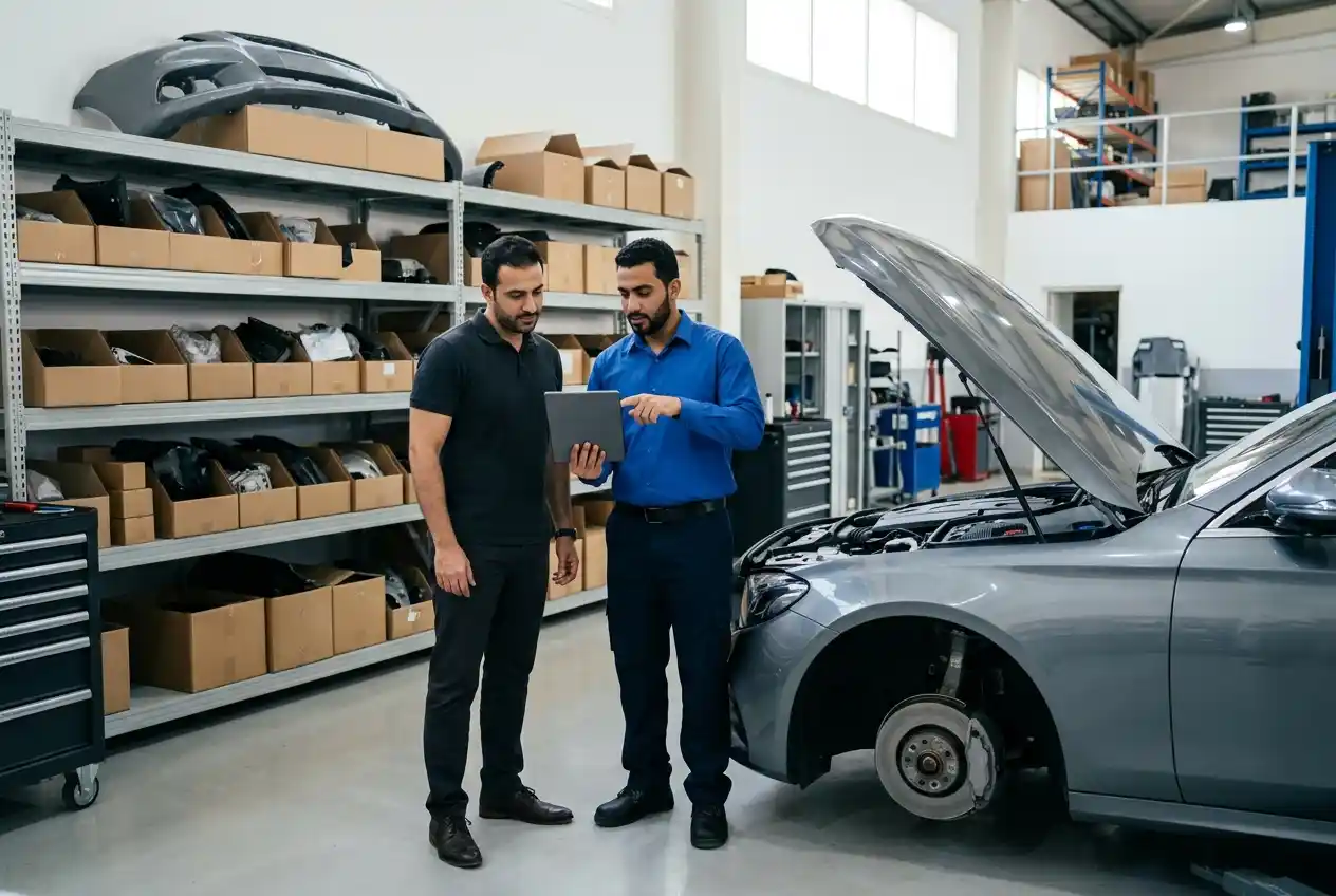 Workshop Communication While Parts Are Pending Service advisor updating a Geely Emgrand customer while replacement body parts are pending in Dubai