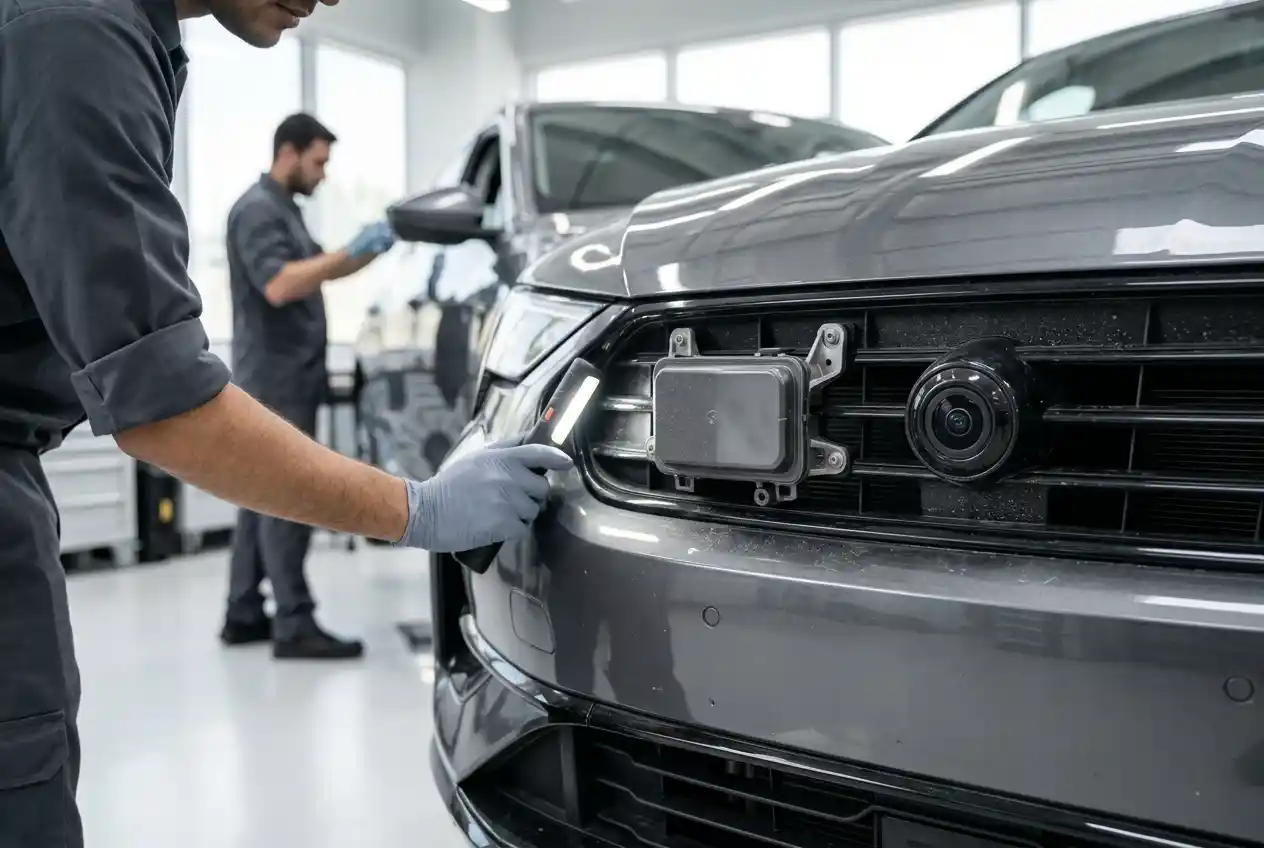 XPeng cameras, radar and ultrasonic sensing zones inspected around the whole vehicle after body damage