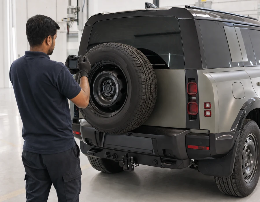 Land Rover Defender accessories and mounting points photographed before removal during collision assessment