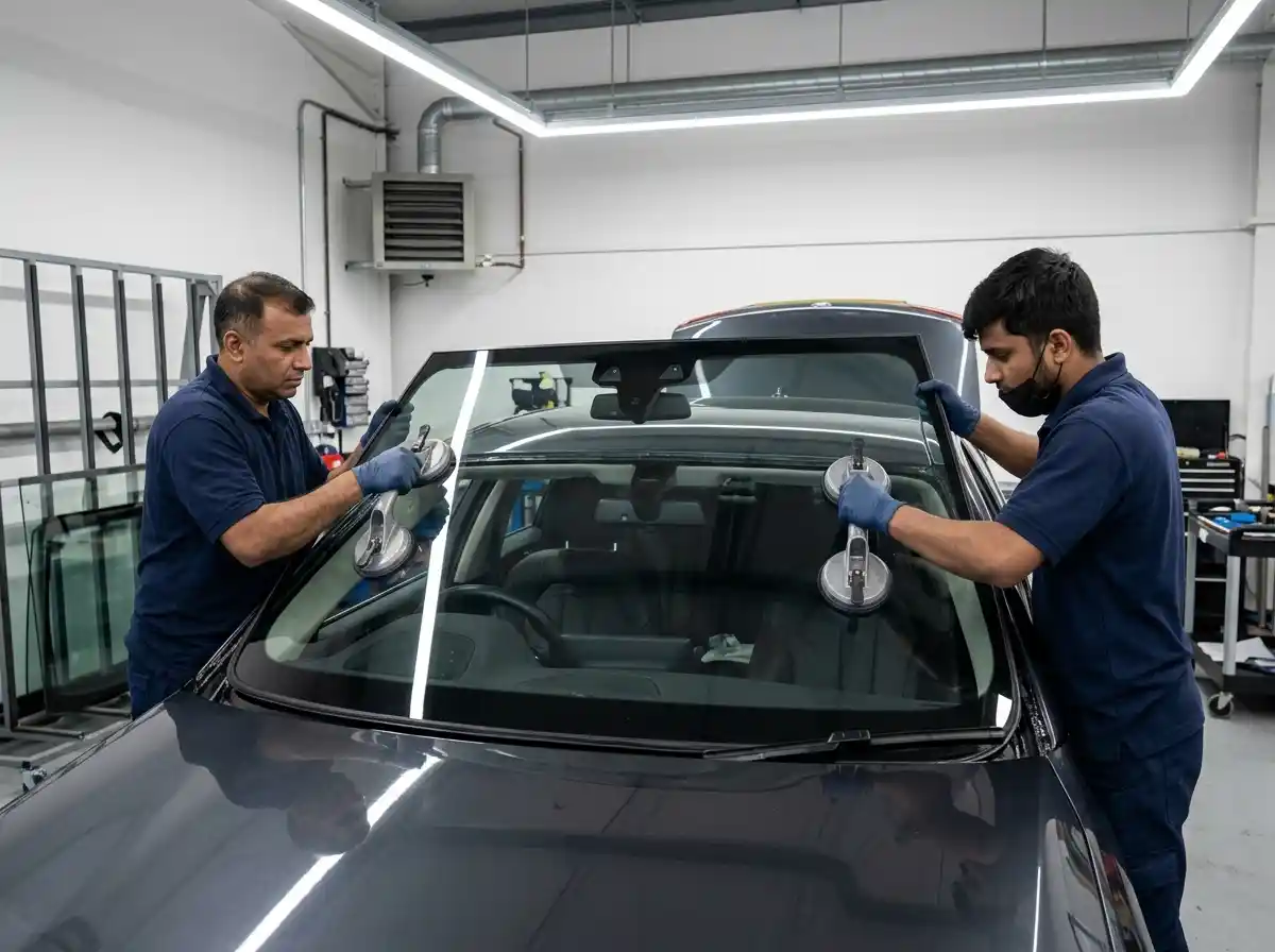 Technicians installing an acoustic windshield on a BMW 5 Series with controlled suction-cup equipment