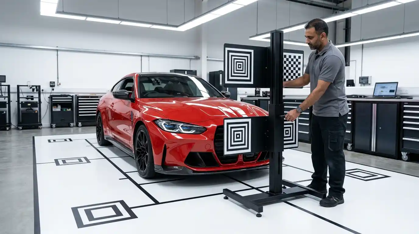 BMW M4 positioned in an ADAS sensor calibration bay after body repair