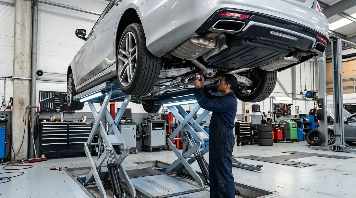 Air Suspension Underbody Protection Inspection Technician inspecting BMW 7 Series air-suspension components and underbody protection after impact