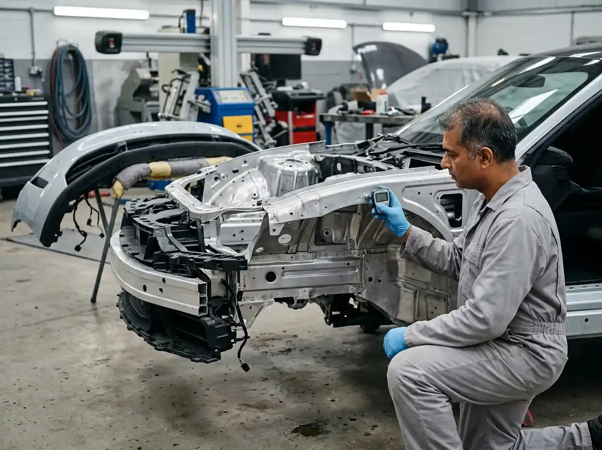 Audi e-tron GT aluminium body structure assessment before panel correction in Dubai