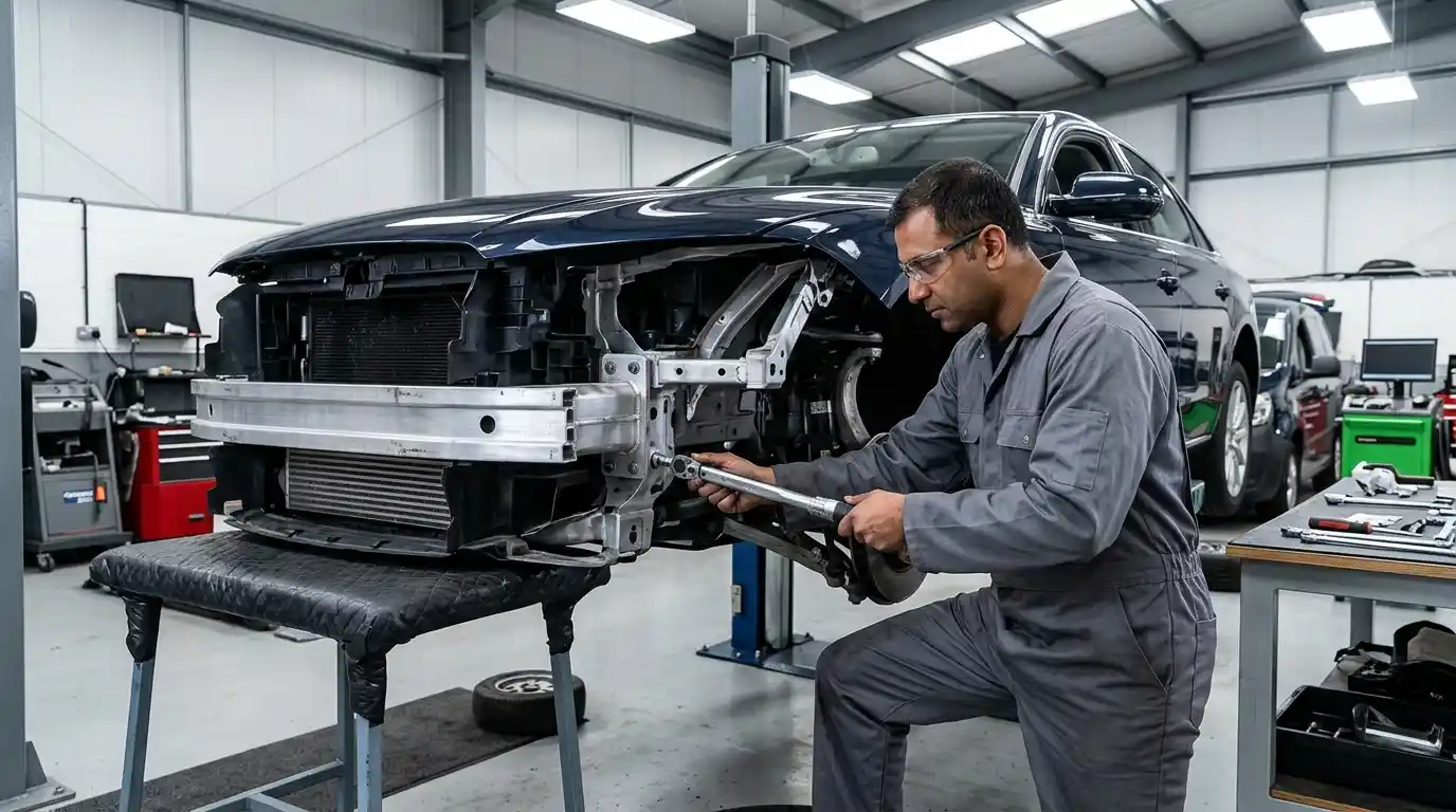Technician installing an aluminium front crash box on a BMW 5 Series during structural reassembly