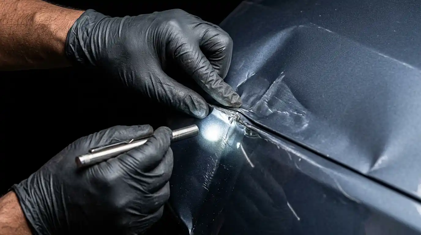 Audi A4 undergoing body repair assessment in a professional Dubai workshop