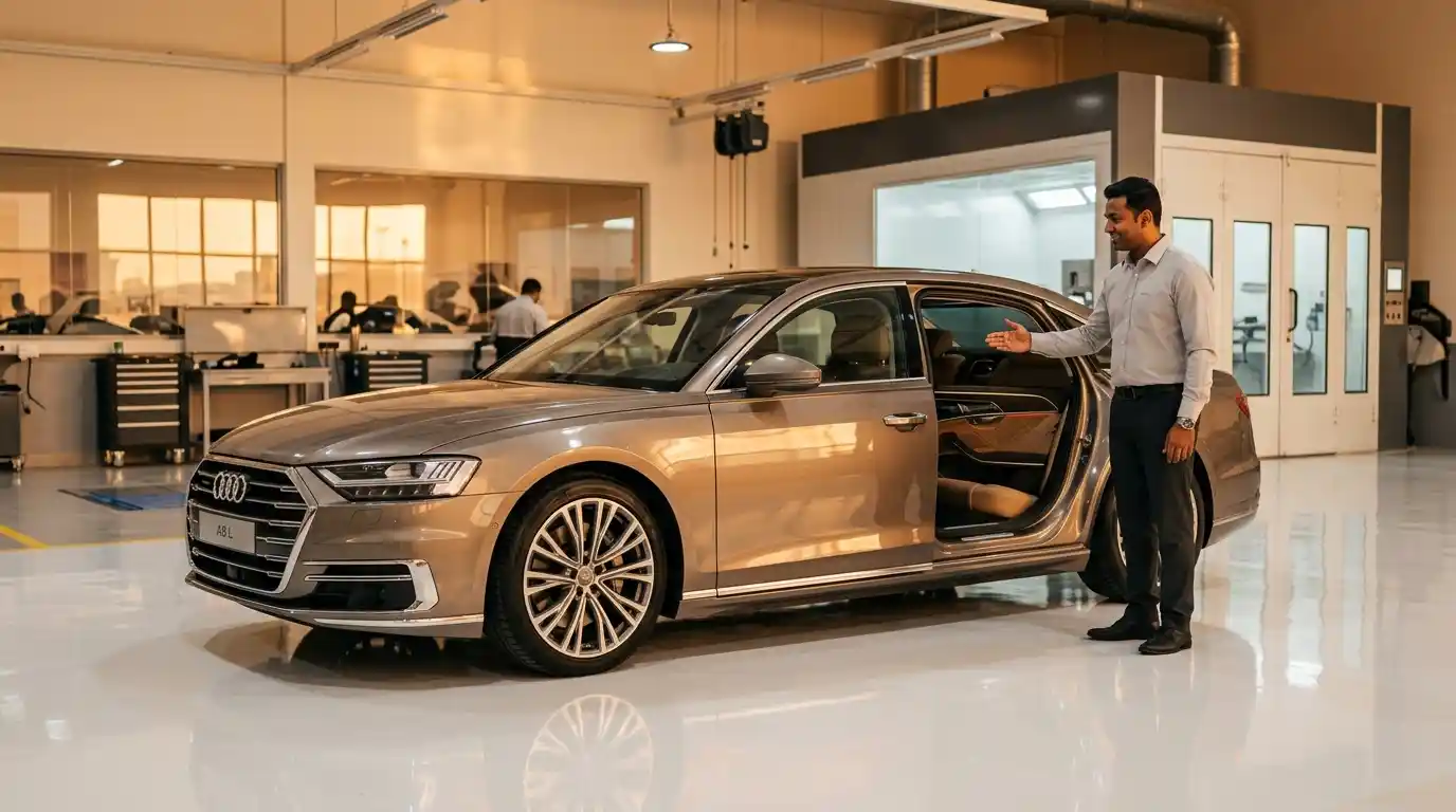 Restored Audi A8 ready for final body repair handover inspection in Dubai