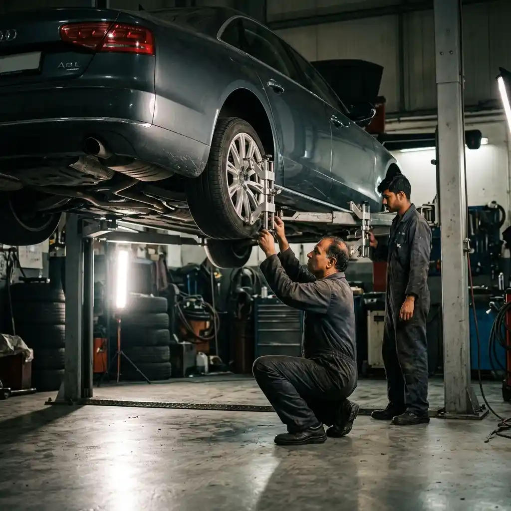 Audi A8 chassis structural measuring verification during body repair in Dubai
