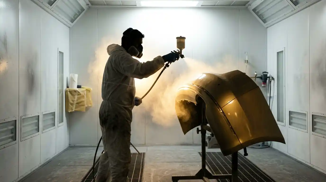 Audi A8 paint refinishing inside a controlled spray booth in Dubai