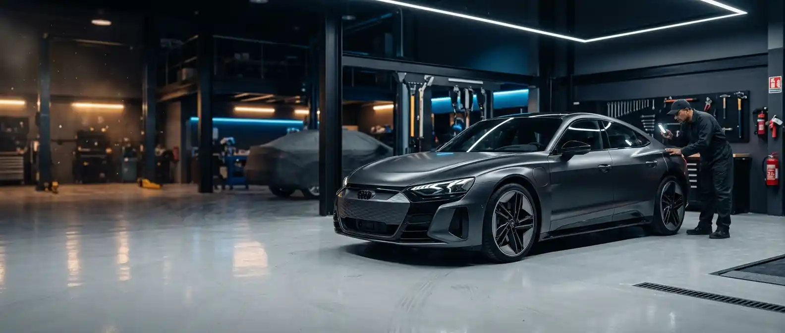 Audi e-tron GT body repair assessment in a professional Dubai workshop