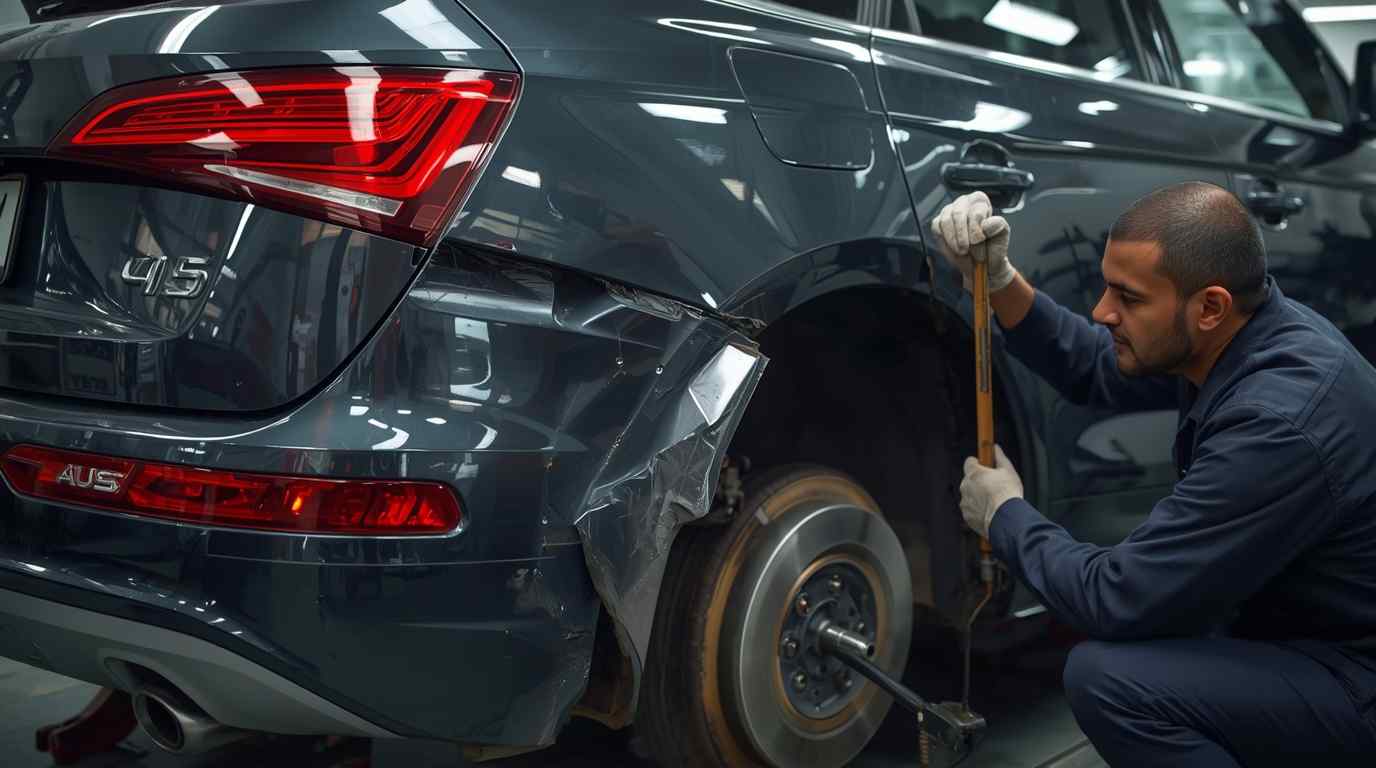 Audi Q5 wheel-arch collision damage undergoing body repair assessment in a Dubai workshop