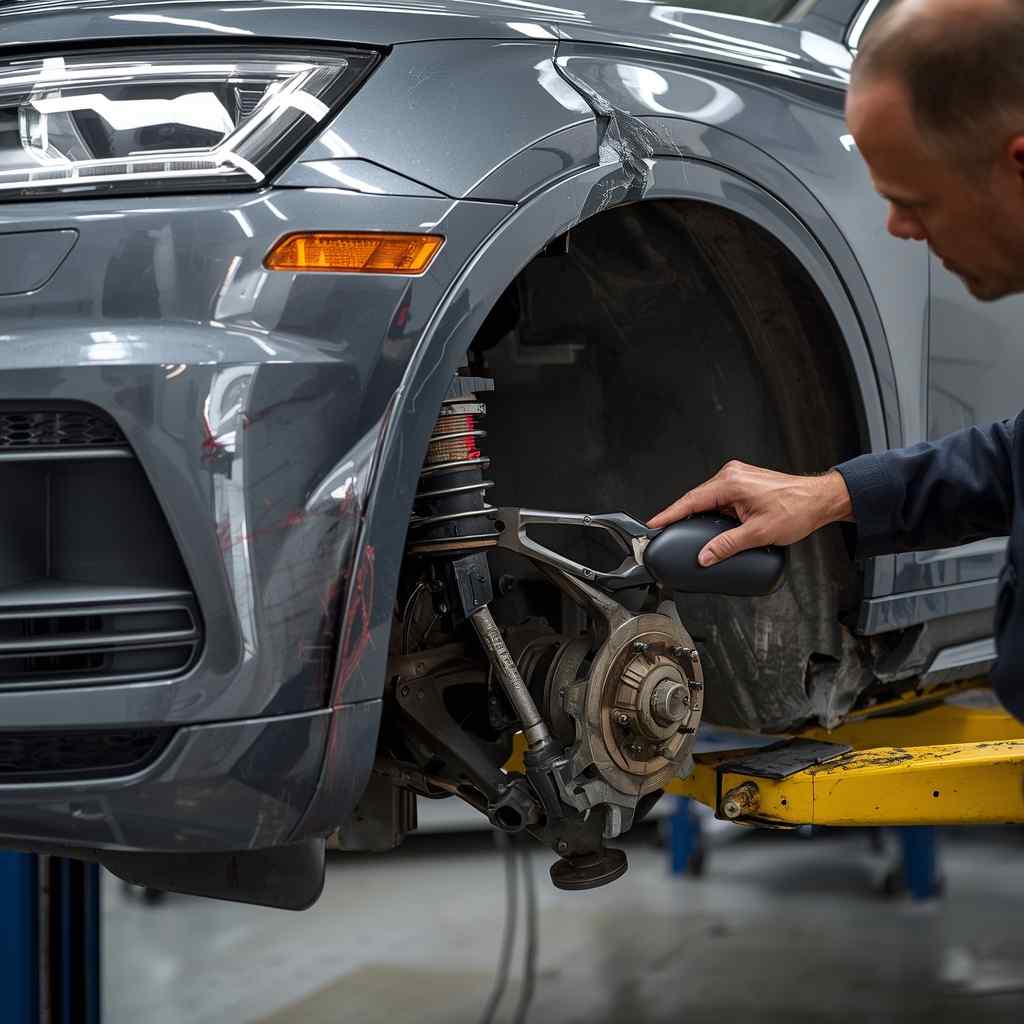 Technician removing an Audi Q5 wheel-arch liner to inspect hidden collision damage and bumper attachments