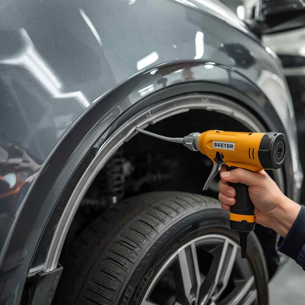Technician applying seam sealer and corrosion protection during Audi Q5 wheel-arch repair