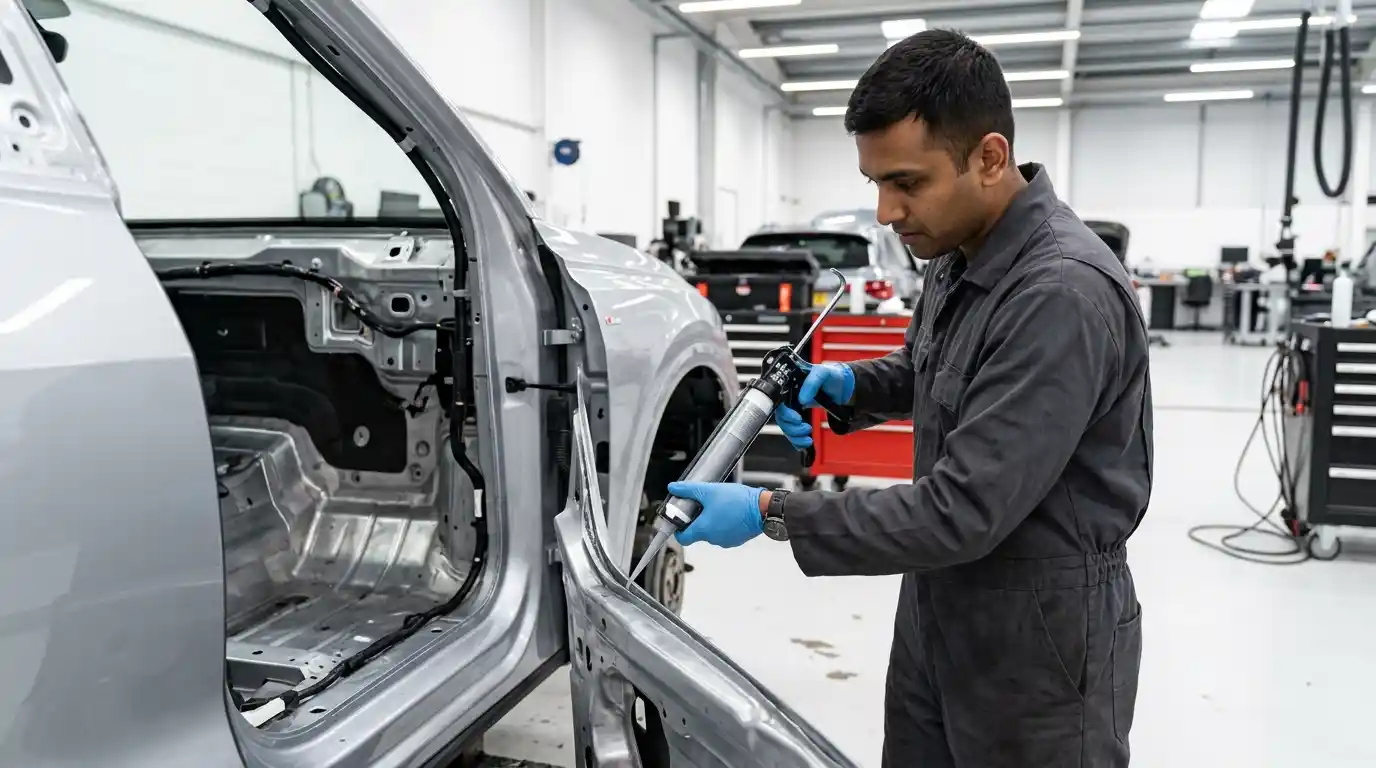 Audi Q8 Aluminium Panel Bonding Repair Technician performing Audi Q8 aluminium panel bonding and fastening repair