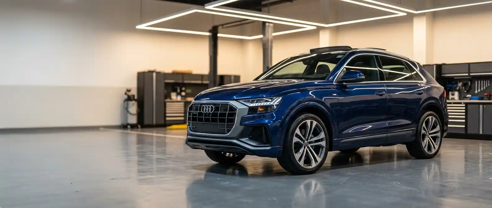 Audi Q8 Body Repair Dubai Audi Q8 body repair inspection in a professional Dubai workshop
