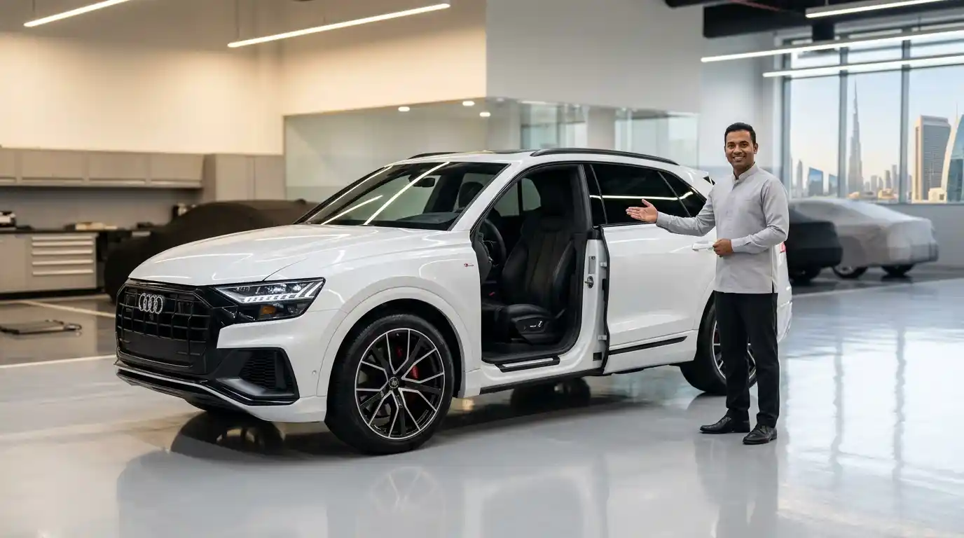 Audi Q8 Restored and Ready for Handover Dubai Restored Audi Q8 undergoing final inspection before customer handover in Dubai