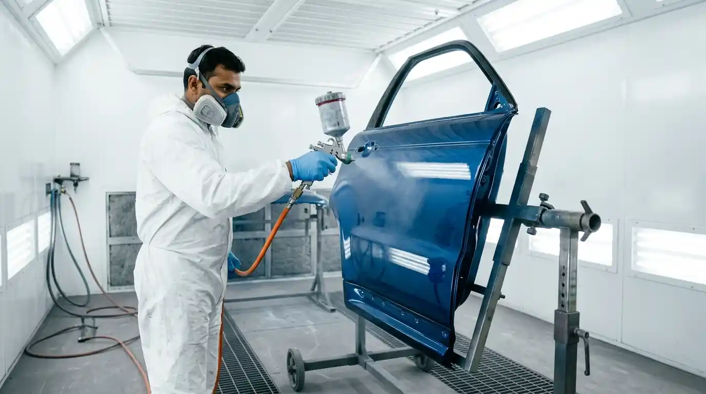 Audi Q8 Paint Refinishing in Spray Booth Audi Q8 paint refinishing inside a controlled spray booth in Dubai