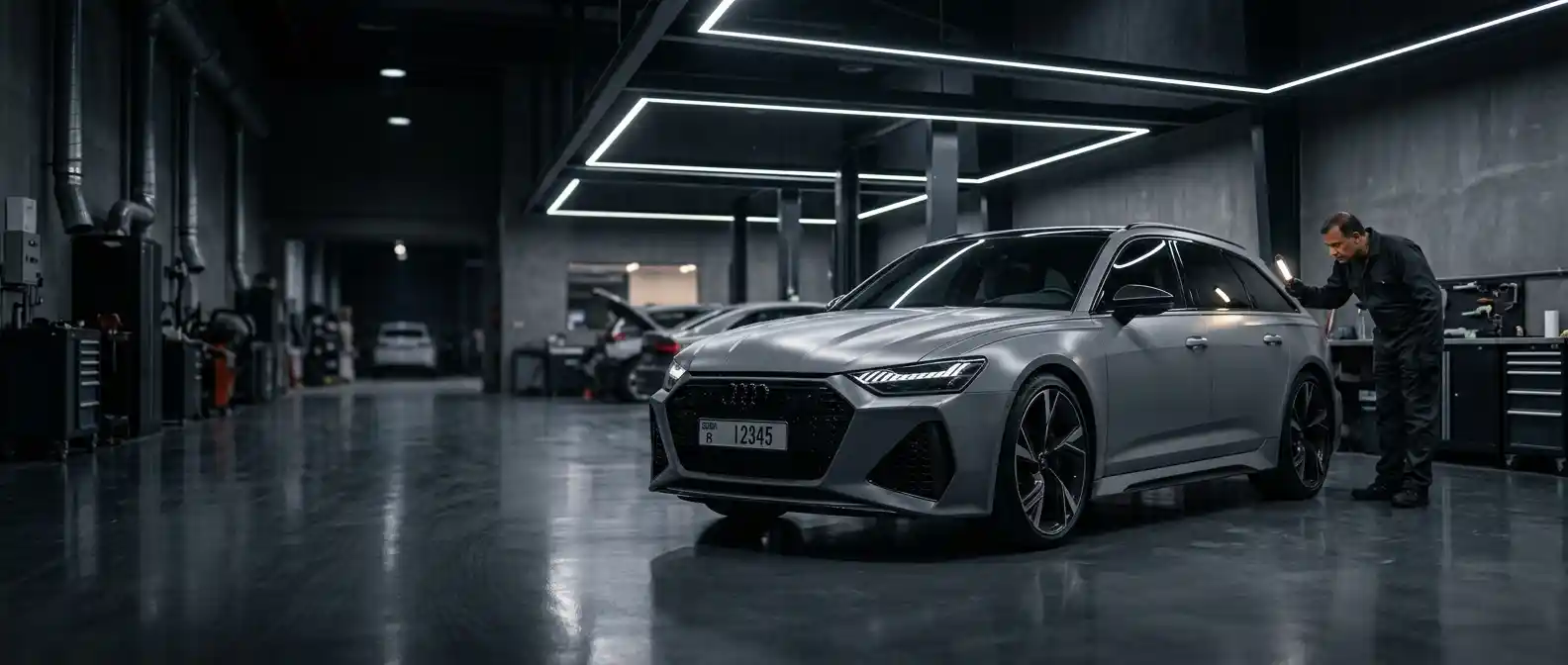 Audi RS6 body repair Dubai wide-body inspection in a professional workshop