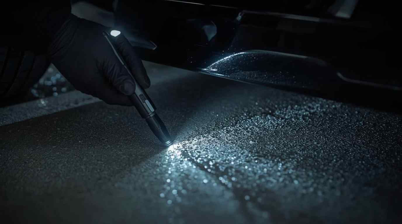 Basement water and dust marks documented as collision evidence in Business Bay