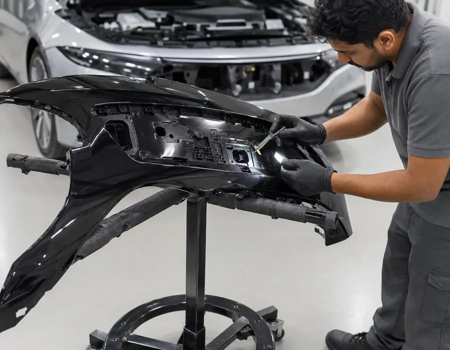 Black-Panel Front Damage Is Not Ordinary Grille Work Mercedes-Benz EQS black-panel front inspection covering lamps mounts and sensor-related geometry