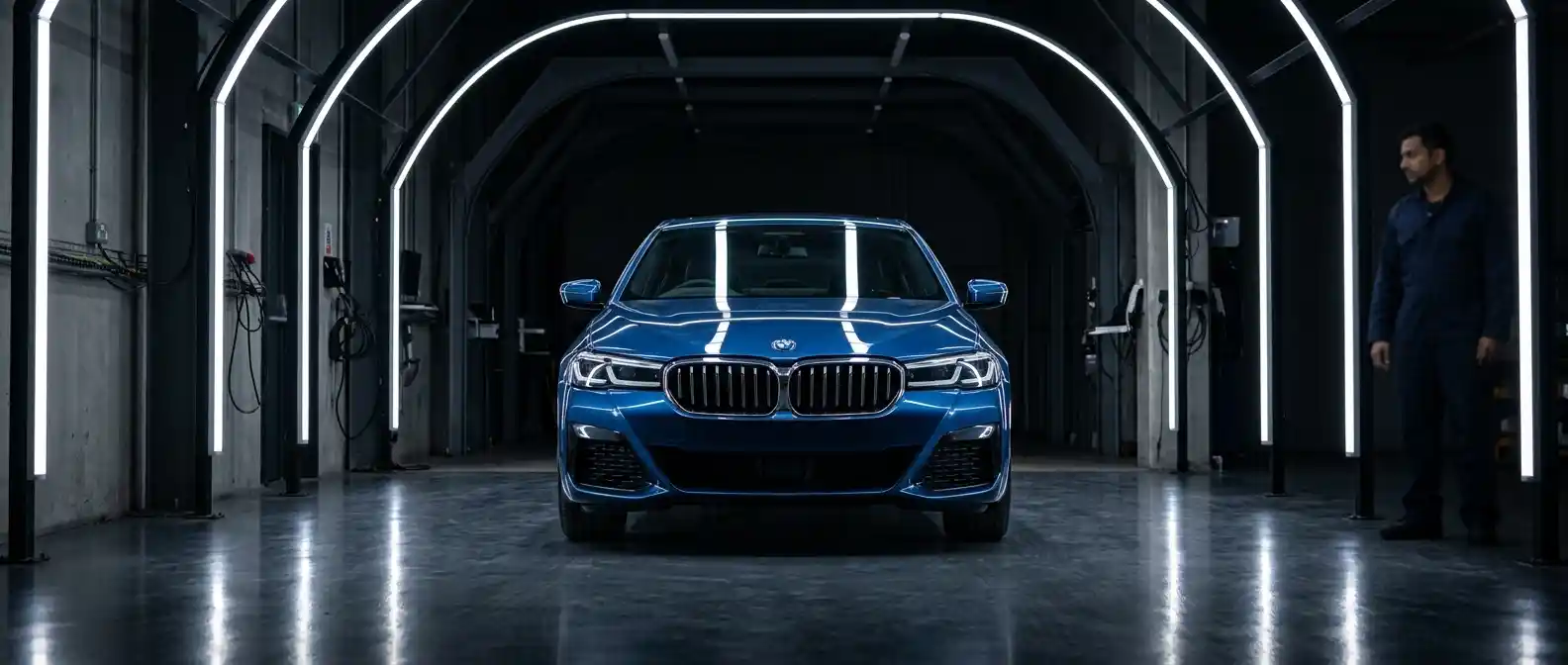BMW 5 Series undergoing body repair assessment in a professional Dubai workshop