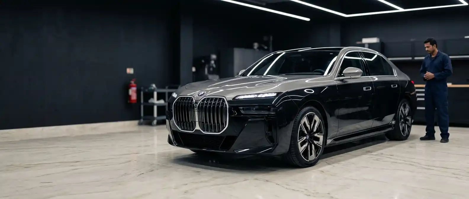 BMW 7 Series Body Repair Dubai BMW 7 Series undergoing body repair assessment in a professional Dubai workshop
