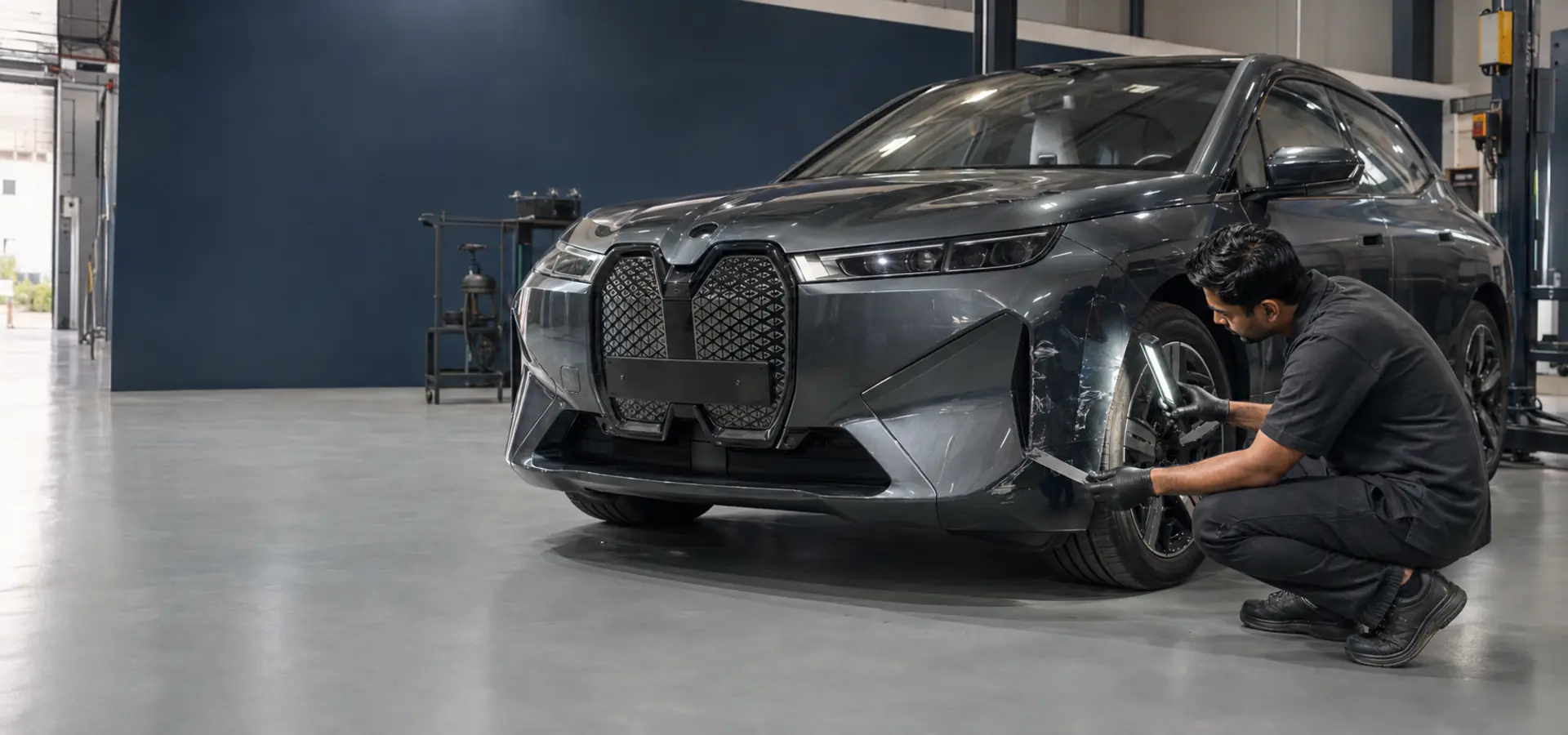BMW iX undergoing body repair assessment in a professional Dubai workshop