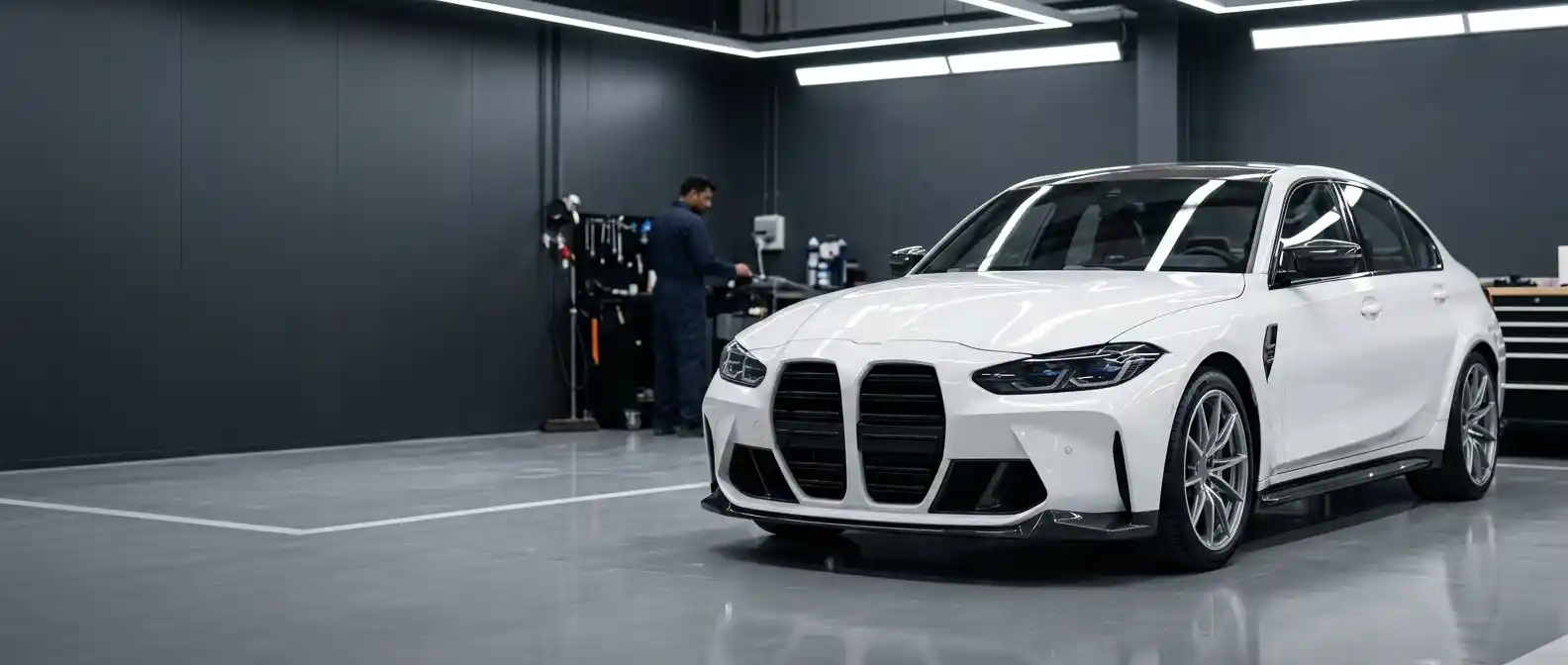 BMW M3 body repair assessment in a professional Dubai workshop