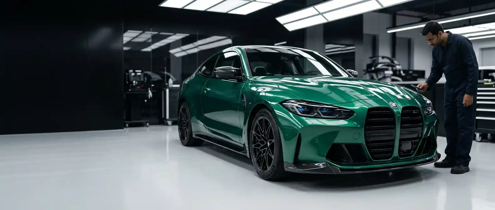 BMW M4 body repair assessment in a professional Dubai workshop
