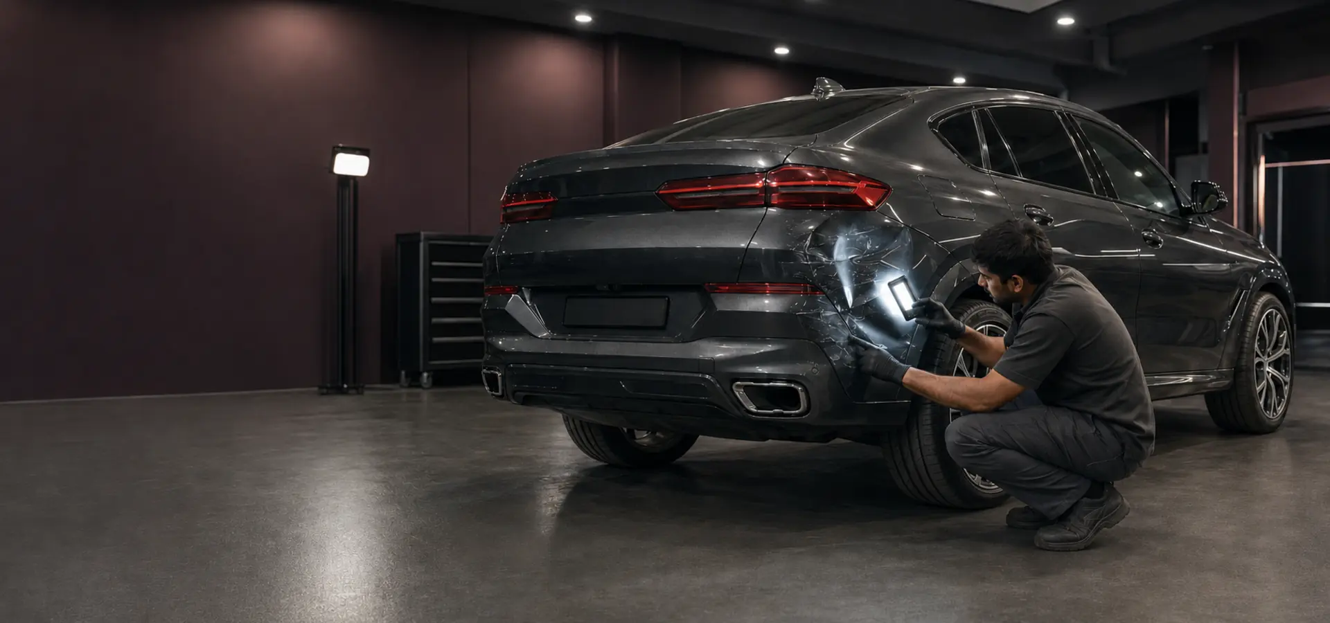 BMW X6 undergoing body damage assessment in a professional Dubai collision repair workshop