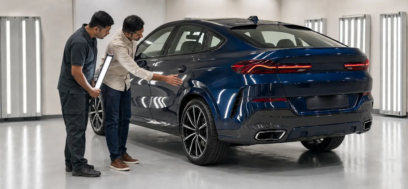 BMW X6 owner and technician completing a final inspection of repaired panels, tailgate alignment and warning status