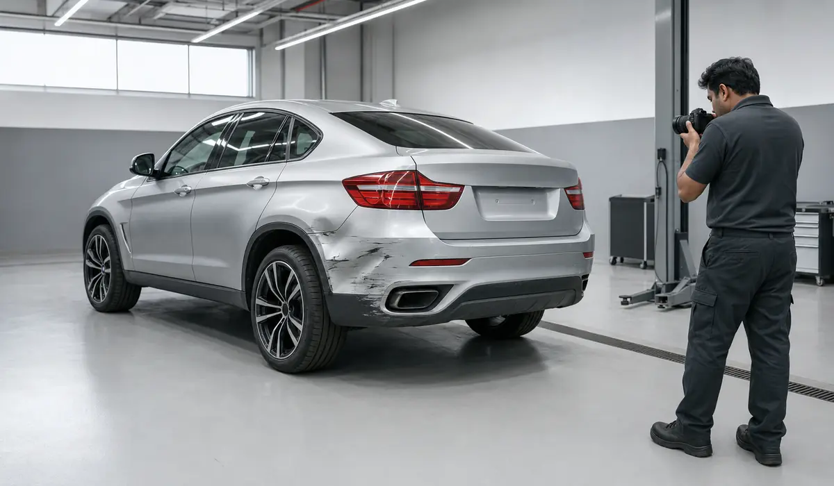 Wide BMW X6 collision photographs showing the complete vehicle context before close-up damage details